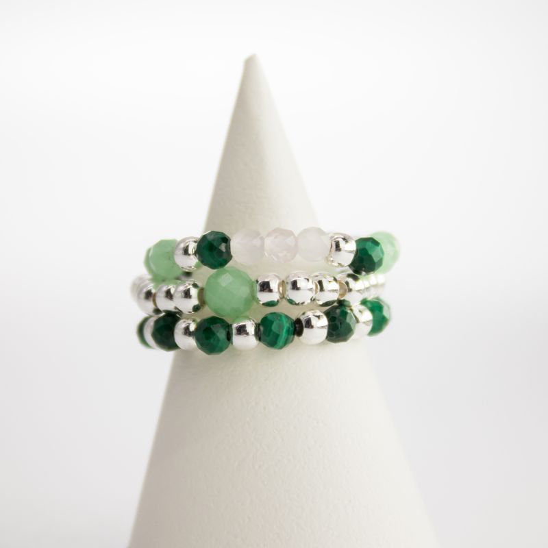 Ensemble de bagues Esprit de Nymphe – Esprit de la forêt – Aventurine, malachite et quartz rose