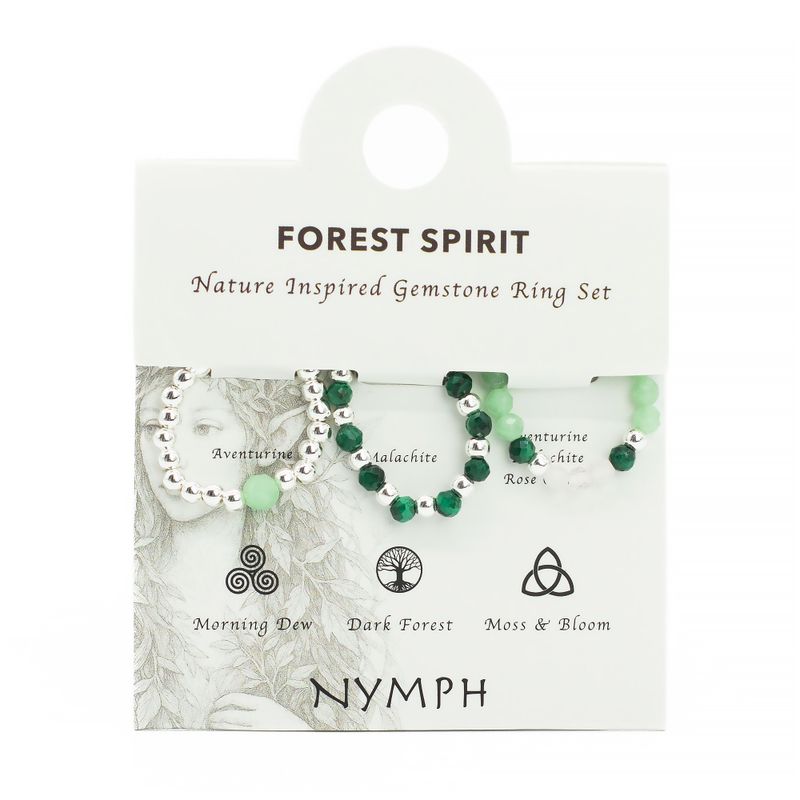 Ensemble de bagues Esprit de Nymphe – Esprit de la forêt – Aventurine, malachite et quartz rose