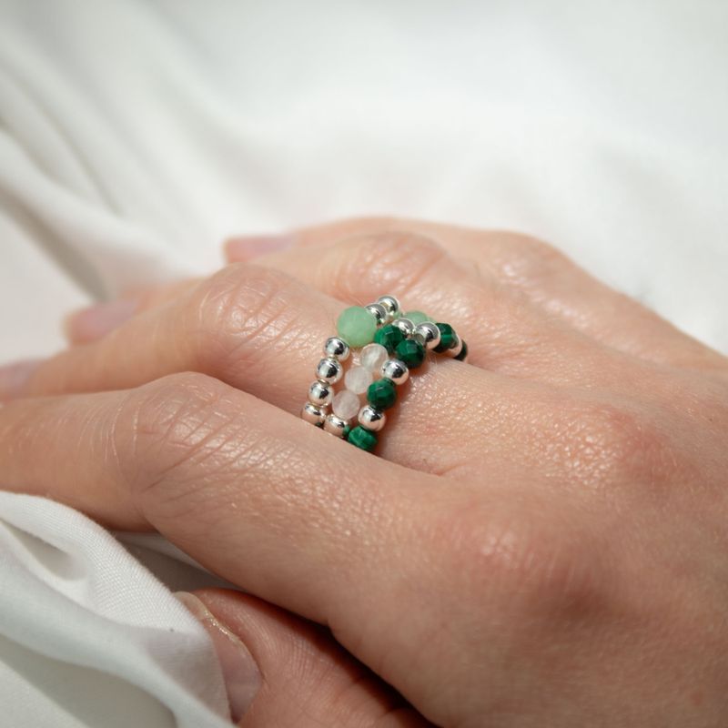 Ensemble de bagues Esprit de Nymphe – Esprit de la forêt – Aventurine, malachite et quartz rose