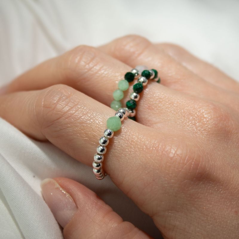 Ensemble de bagues Esprit de Nymphe – Esprit de la forêt – Aventurine, malachite et quartz rose