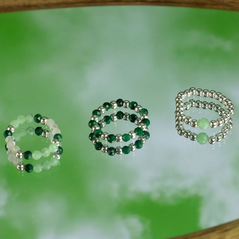 Ensemble de bagues Esprit de Nymphe – Esprit de la forêt – Aventurine, malachite et quartz rose