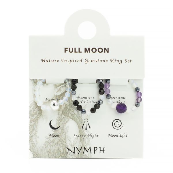 Ensemble de bagues Esprit de Nymphe – Pleine Lune – Pierre de lune, obsidienne noire et améthyste