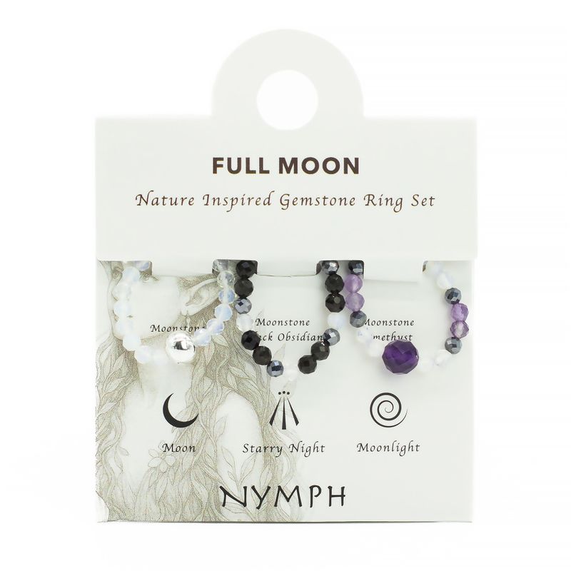 Ensemble de bagues Esprit de Nymphe – Pleine Lune – Pierre de lune, obsidienne noire et améthyste