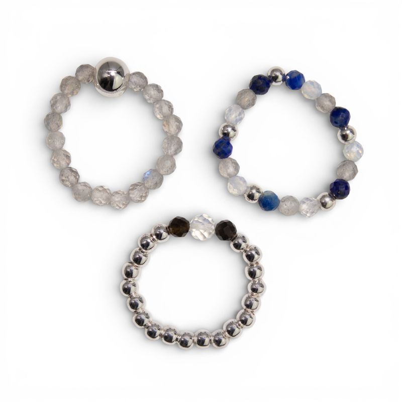 Ensemble de bagues Esprit de Nymphe – Aurore boréale – Lapis-lazuli, labradorite, opalite, fluorite et obsidienne noire Ancient Wisdom Giftware Supplier