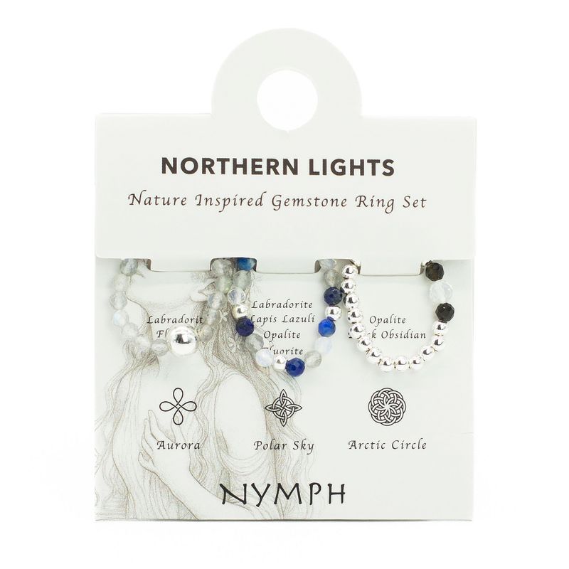 Ensemble de bagues Esprit de Nymphe – Aurore boréale – Lapis-lazuli, labradorite, opalite, fluorite et obsidienne noire Ancient Wisdom Giftware Supplier