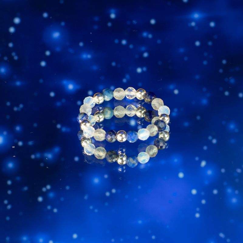 Ensemble de bagues Esprit de Nymphe – Aurore boréale – Lapis-lazuli, labradorite, opalite, fluorite et obsidienne noire Ancient Wisdom Giftware Supplier