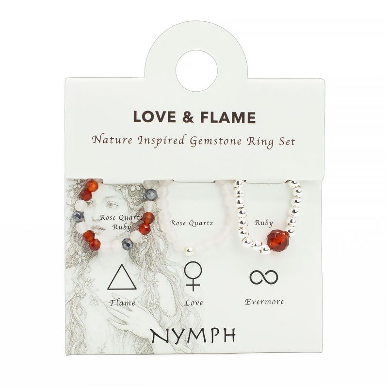 Ensemble de bagues Esprit de Nymphe – Amour & Flamme – Quartz rose et rubis