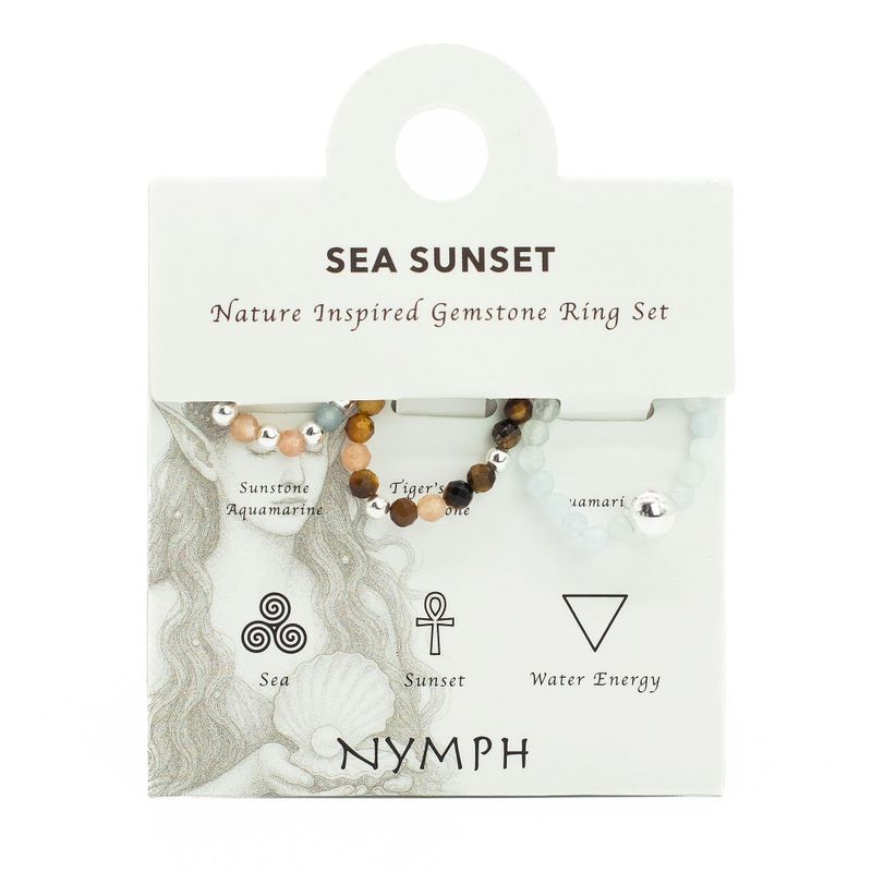 Parure Bagues Esprit des Nymphes – Coucher de Soleil sur la Mer - Aigue-Marine, Œil de Tigre, Pierre de Soleil