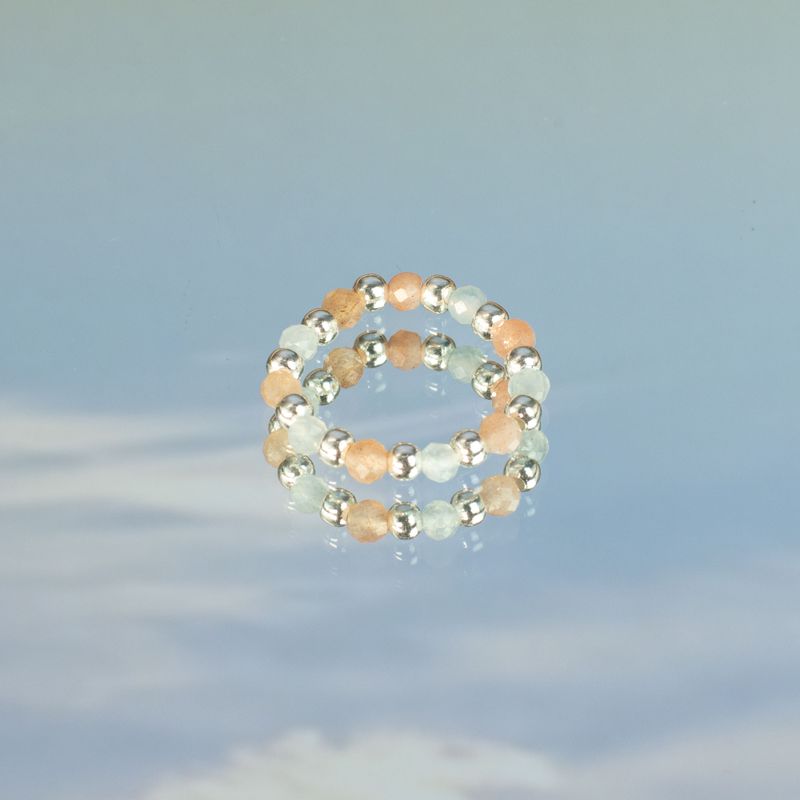 Parure Bagues Esprit des Nymphes – Coucher de Soleil sur la Mer - Aigue-Marine, Œil de Tigre, Pierre de Soleil