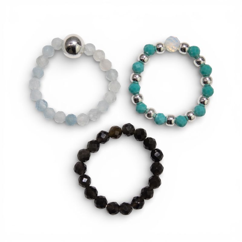 Parure Bagues Esprit des Nymphes – Océan Infini - Aigue-Marine, Turquoise, Obsidienne noire