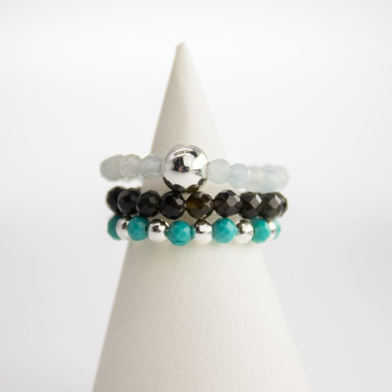Parure Bagues Esprit des Nymphes – Océan Infini - Aigue-Marine, Turquoise, Obsidienne noire