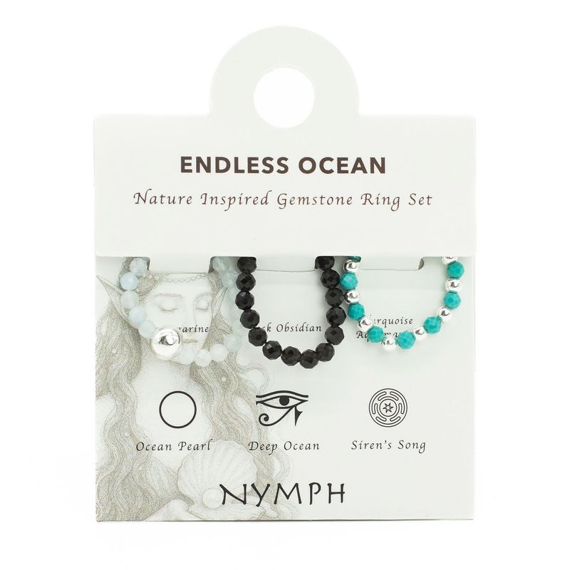 Parure Bagues Esprit des Nymphes – Océan Infini - Aigue-Marine, Turquoise, Obsidienne noire