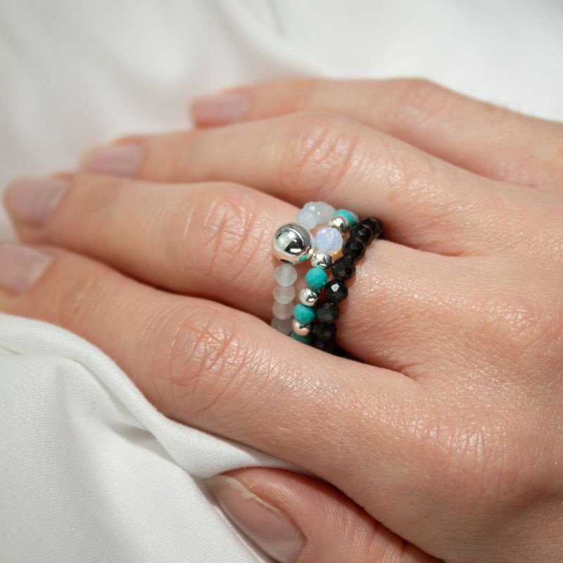 Parure Bagues Esprit des Nymphes – Océan Infini - Aigue-Marine, Turquoise, Obsidienne noire
