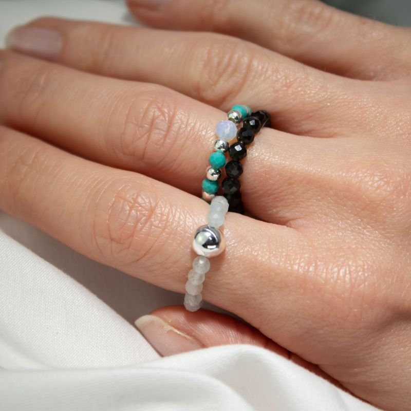 Parure Bagues Esprit des Nymphes – Océan Infini - Aigue-Marine, Turquoise, Obsidienne noire