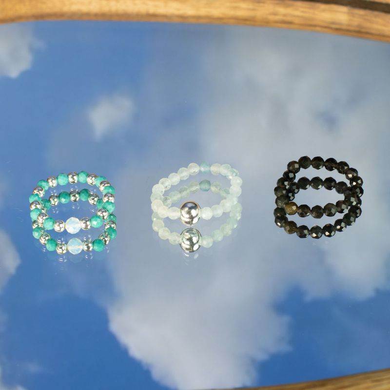 Parure Bagues Esprit des Nymphes – Océan Infini - Aigue-Marine, Turquoise, Obsidienne noire