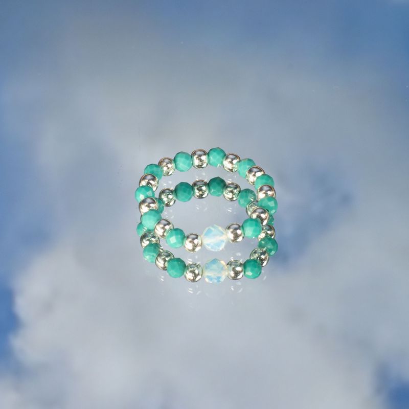 Parure Bagues Esprit des Nymphes – Océan Infini - Aigue-Marine, Turquoise, Obsidienne noire
