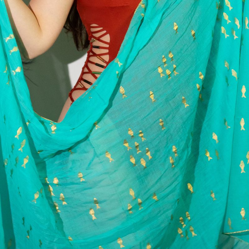 Nomad Sari  Paréo - Turquoise & Poissons Dorés