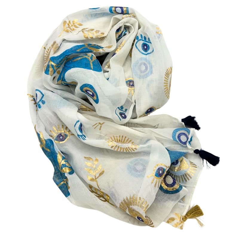 Nomad Sari  Paréo - Blanc, Bleu & Œil Porte-Bonheur Doré