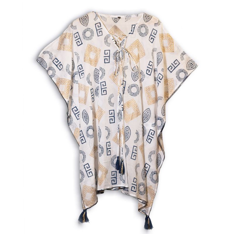 Nomad Sari  Caftan - Motif Grec Bleu & Doré Peint à la Main