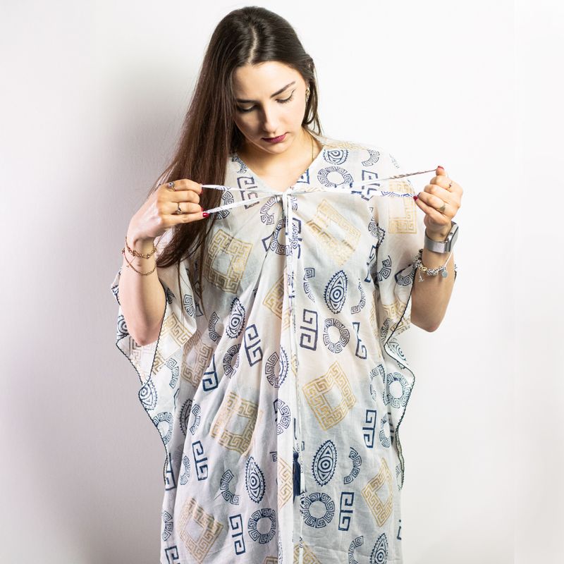 Nomad Sari  Caftan - Motif Grec Bleu & Doré Peint à la Main