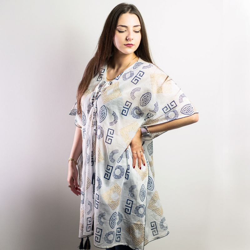 Nomad Sari  Caftan - Motif Grec Bleu & Doré Peint à la Main