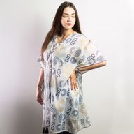 Nomad Sari  Caftan - Motif Grec Bleu & Doré Peint à la Main