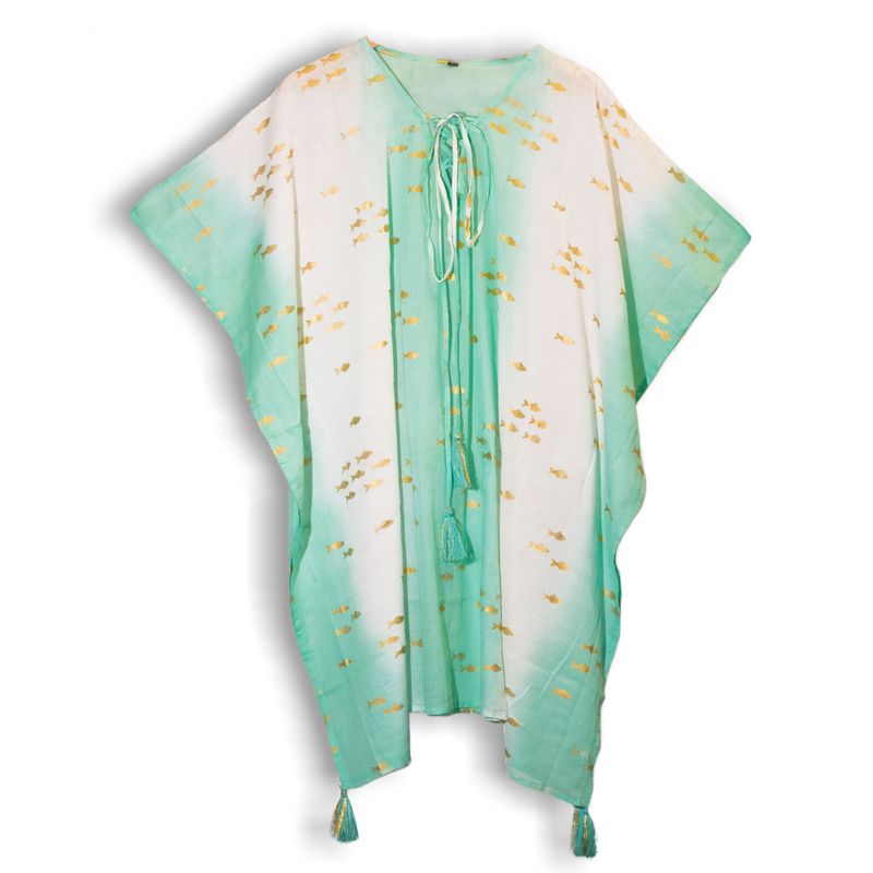 Nomad Sari  Caftan - Blanc, Turquoise & Poissons Dorés
