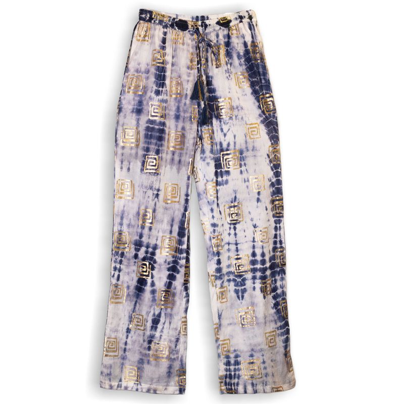 Nomad Sari Pantalon - Motif Grec Bleu & Doré Peint à la Main