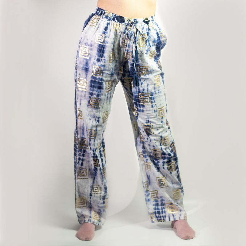 Nomad Sari Pantalon - Motif Grec Bleu & Doré Peint à la Main
