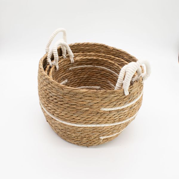 Set de 3 Paniers Grands Modèles en Coton & Jonc de Mer – Rayures Naturelles