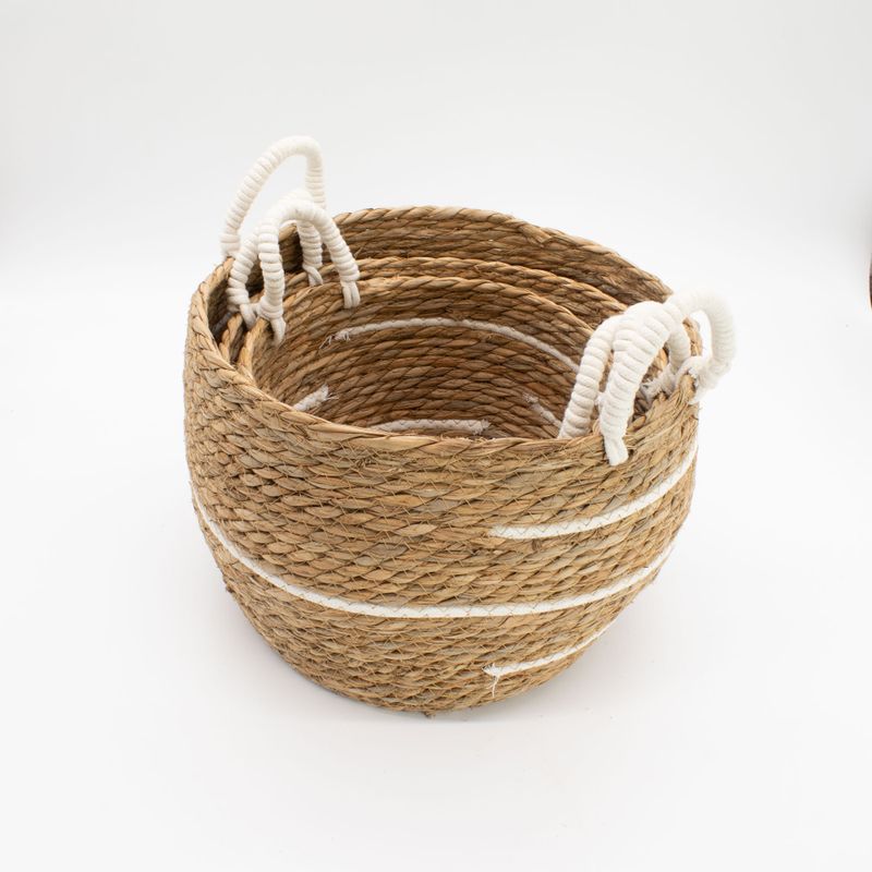 Set de 3 Paniers Grands Modèles en Coton & Jonc de Mer – Rayures Naturelles