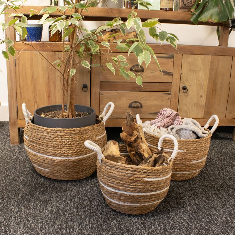 Set de 3 Paniers Grands Modèles en Coton & Jonc de Mer – Rayures Naturelles