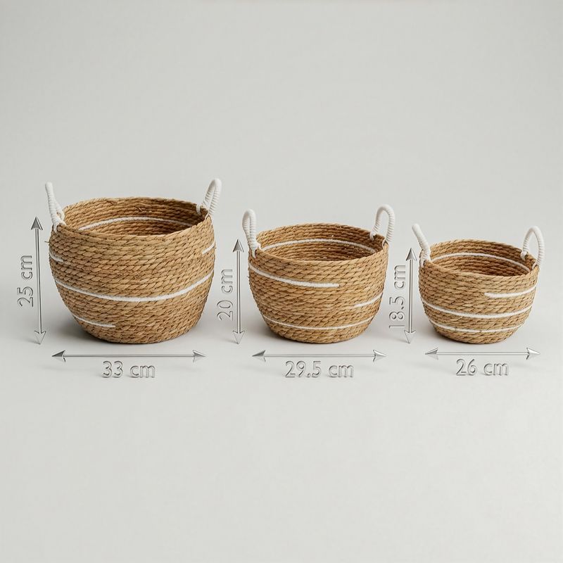 Set de 3 Paniers Grands Modèles en Coton & Jonc de Mer – Rayures Naturelles