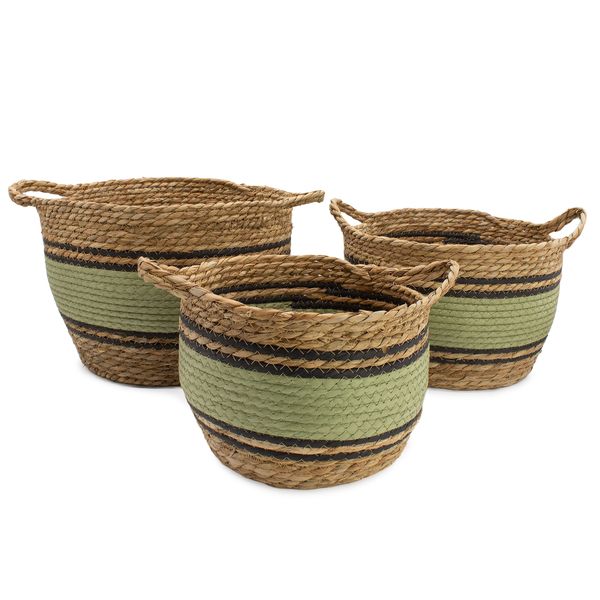 Panier Grand Modèle en Coton & Jonc de Mer – Naturel Noir & Vert – Set de 3