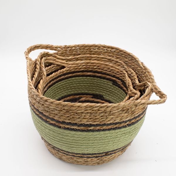 Panier Grand Modèle en Coton & Jonc de Mer – Naturel Noir & Vert – Set de 3