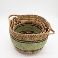 Panier Grand Modèle en Coton & Jonc de Mer – Naturel Noir & Vert – Set de 3