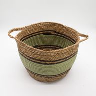 Panier Grand Modèle en Coton & Jonc de Mer – Naturel Noir & Vert – Set de 3