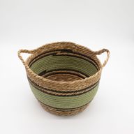 Panier Grand Modèle en Coton & Jonc de Mer – Naturel Noir & Vert – Set de 3
