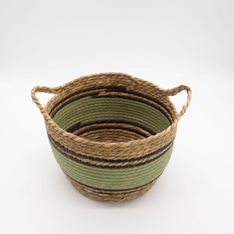 Panier Grand Modèle en Coton & Jonc de Mer – Naturel Noir & Vert – Set de 3