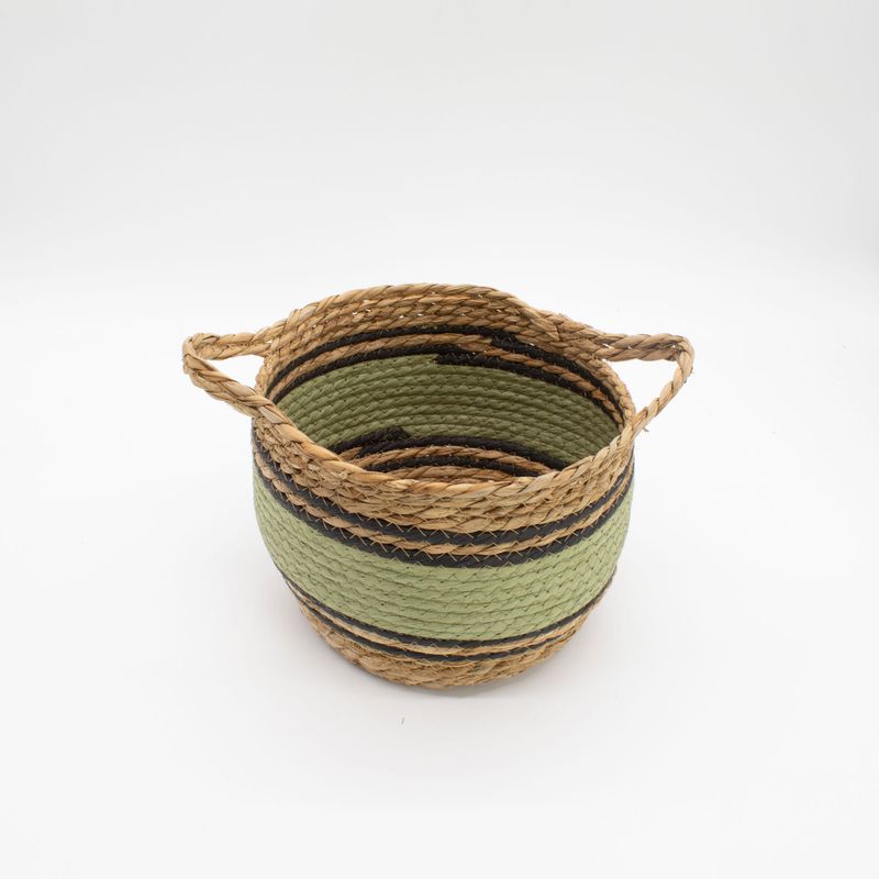Panier Grand Modèle en Coton & Jonc de Mer – Naturel Noir & Vert – Set de 3