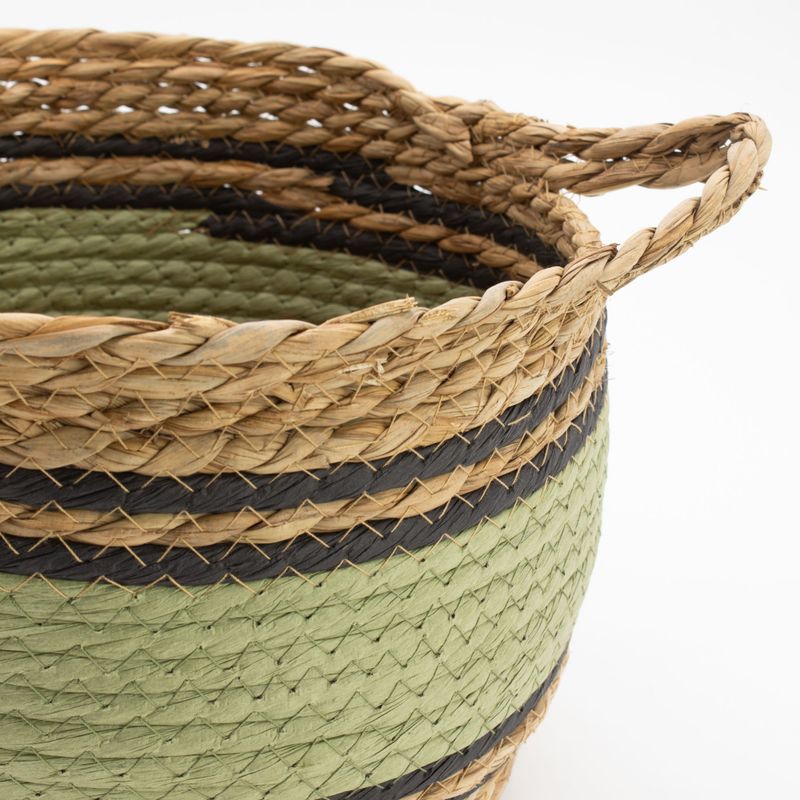 Panier Grand Modèle en Coton & Jonc de Mer – Naturel Noir & Vert – Set de 3