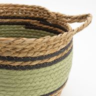 Panier Grand Modèle en Coton & Jonc de Mer – Naturel Noir & Vert – Set de 3