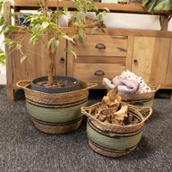 Panier Grand Modèle en Coton & Jonc de Mer – Naturel Noir & Vert – Set de 3