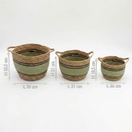 Panier Grand Modèle en Coton & Jonc de Mer – Naturel Noir & Vert – Set de 3