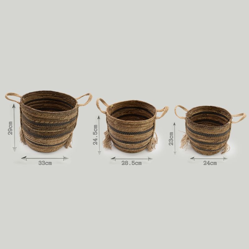 Panier Grand Modèle en Feuille de Bananier & Jonc de Mer – Tons Naturels Bruns – Set de 3