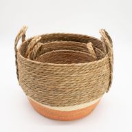 Panier Grand Modèle en Paille & Jonc de Mer – Naturel & Orange – Set de 3
