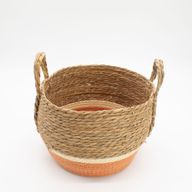 Panier Grand Modèle en Paille & Jonc de Mer – Naturel & Orange – Set de 3