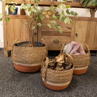 Panier Grand Modèle en Paille & Jonc de Mer – Naturel & Orange – Set de 3