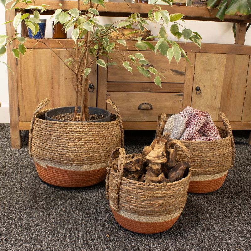 Panier Grand Modèle en Paille & Jonc de Mer – Naturel & Orange – Set de 3
