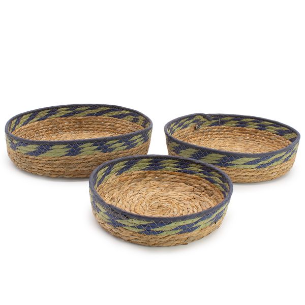Paniers Plateau en Paille & Jonc de Mer – Naturel Vert & Bleu – Set de 3